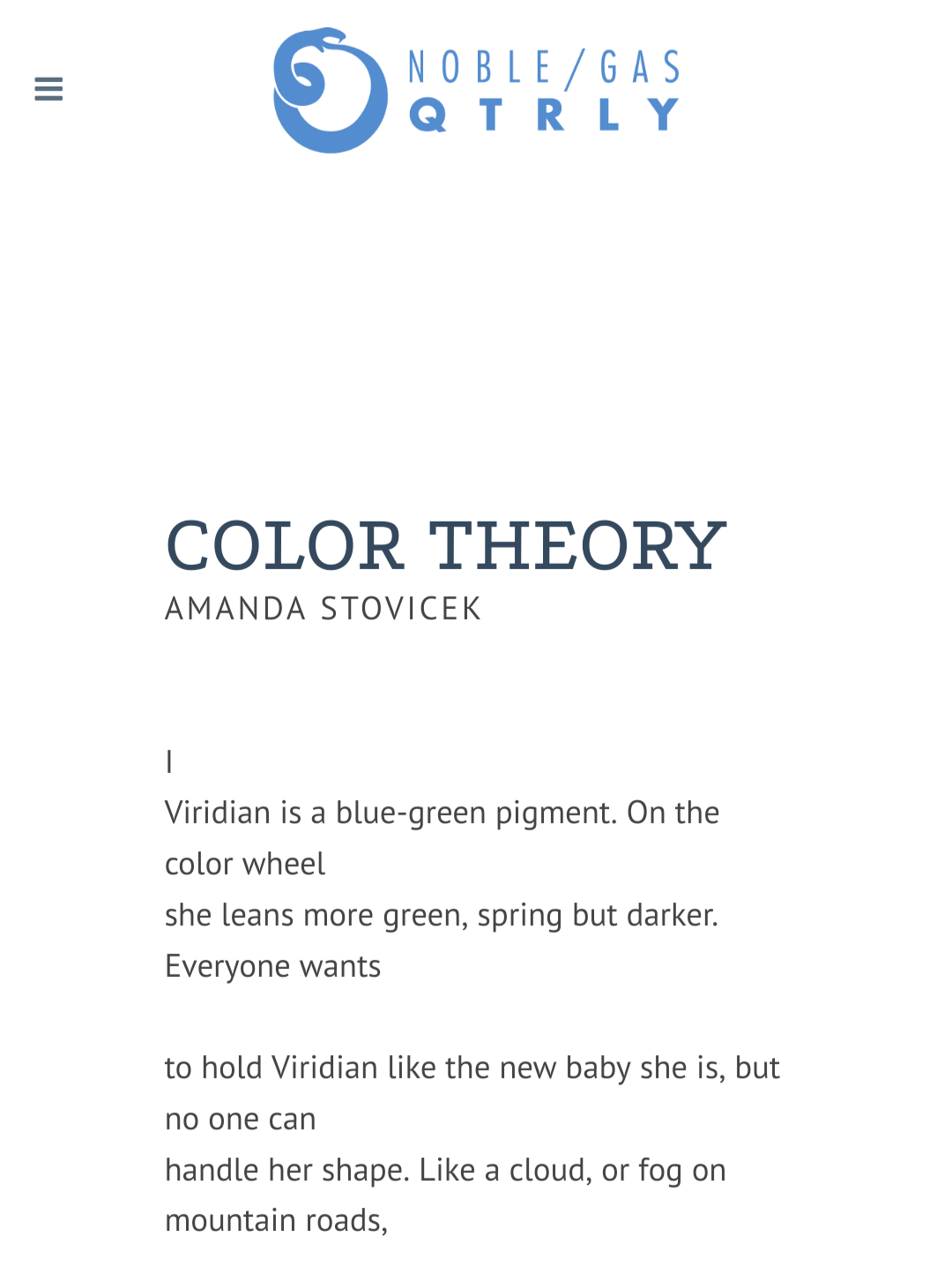 Screenshot of first lines of "Color Theory" by Amanda Stovicek on Noble/Gas Qrtly website.